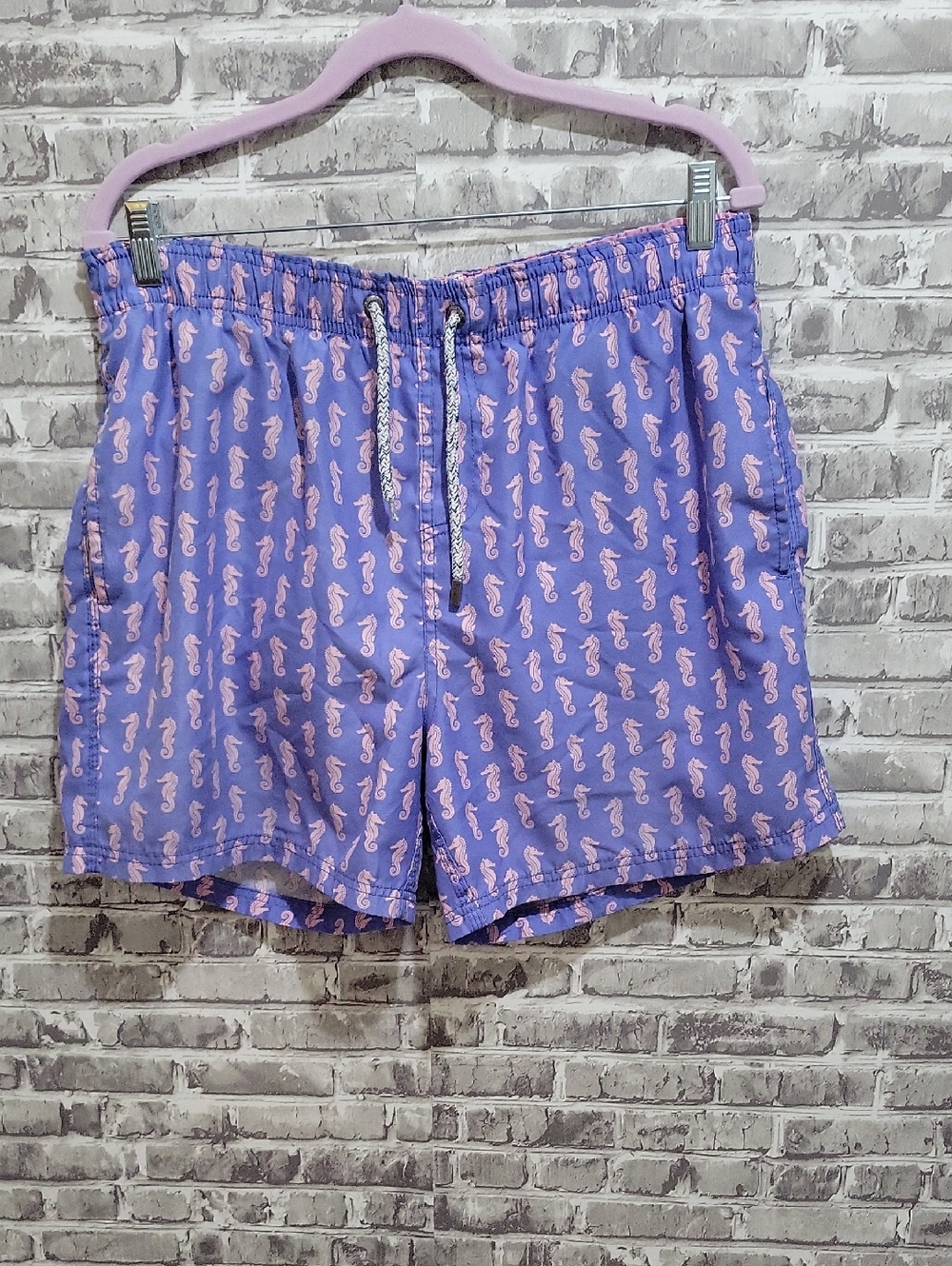 The Endless Summer Men's Lavender Swim Trunks, Pink Seahorse Print Sz L, Beachy